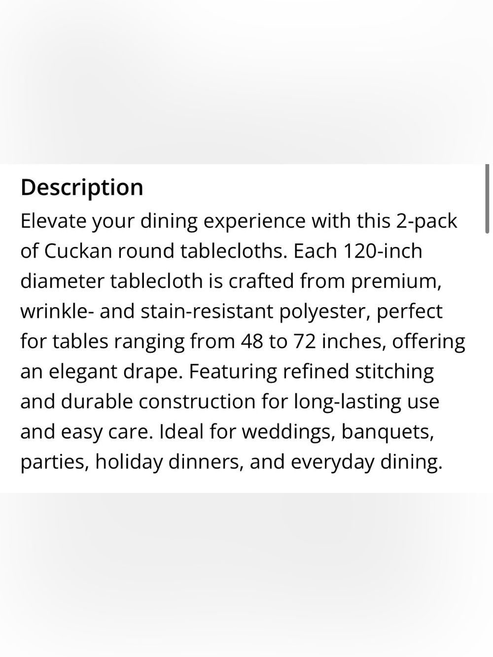 WHITE Tablecloths 120” ROUND Polyester (2-count) - Picture 3 of 4